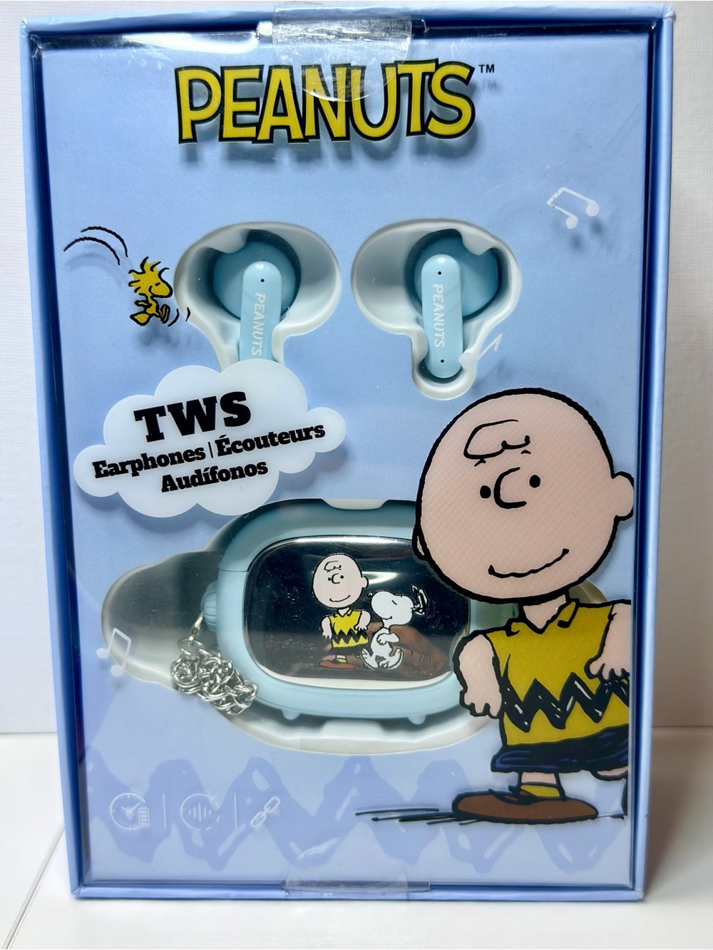 Peanuts Light Blue Earbuds with Snoopy and Charlie Brown Artwork